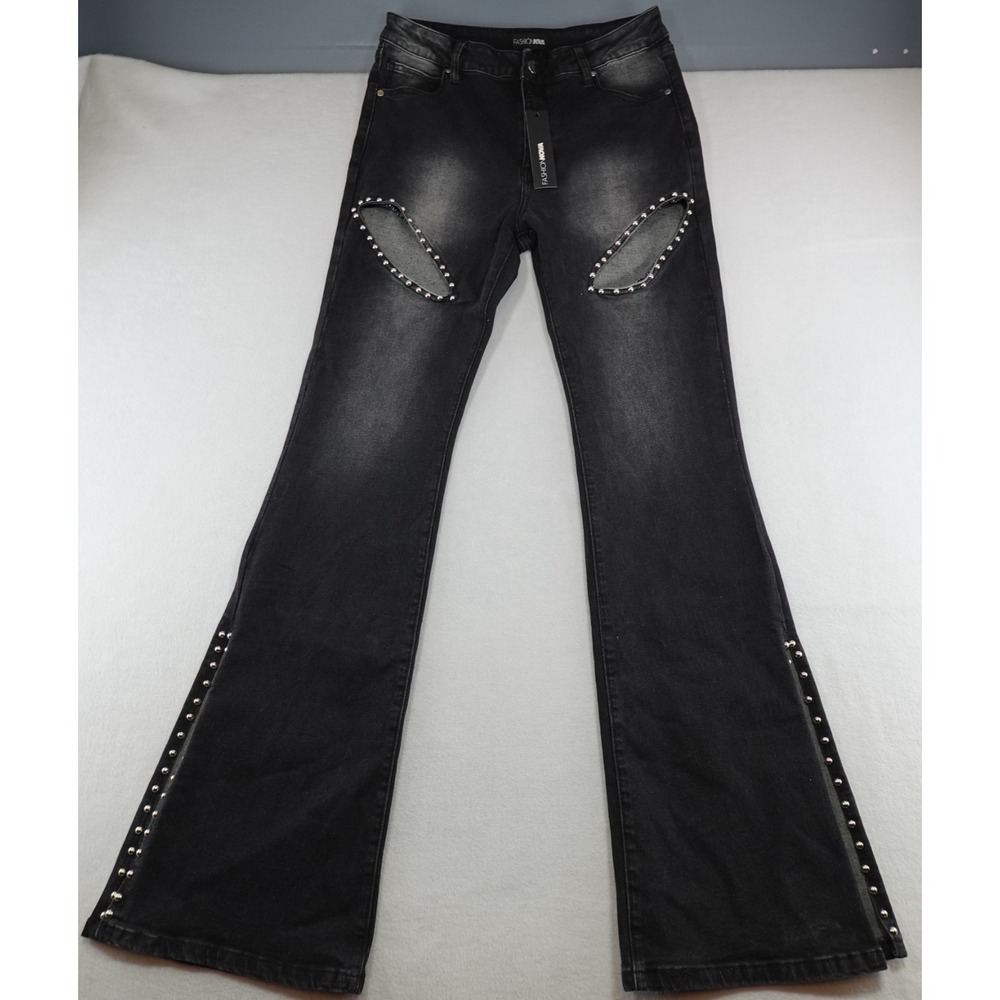 Fashion Nova Jeans Womens 13 30x35‎ Black Flare Bohemian Chic Slits Studded NWT